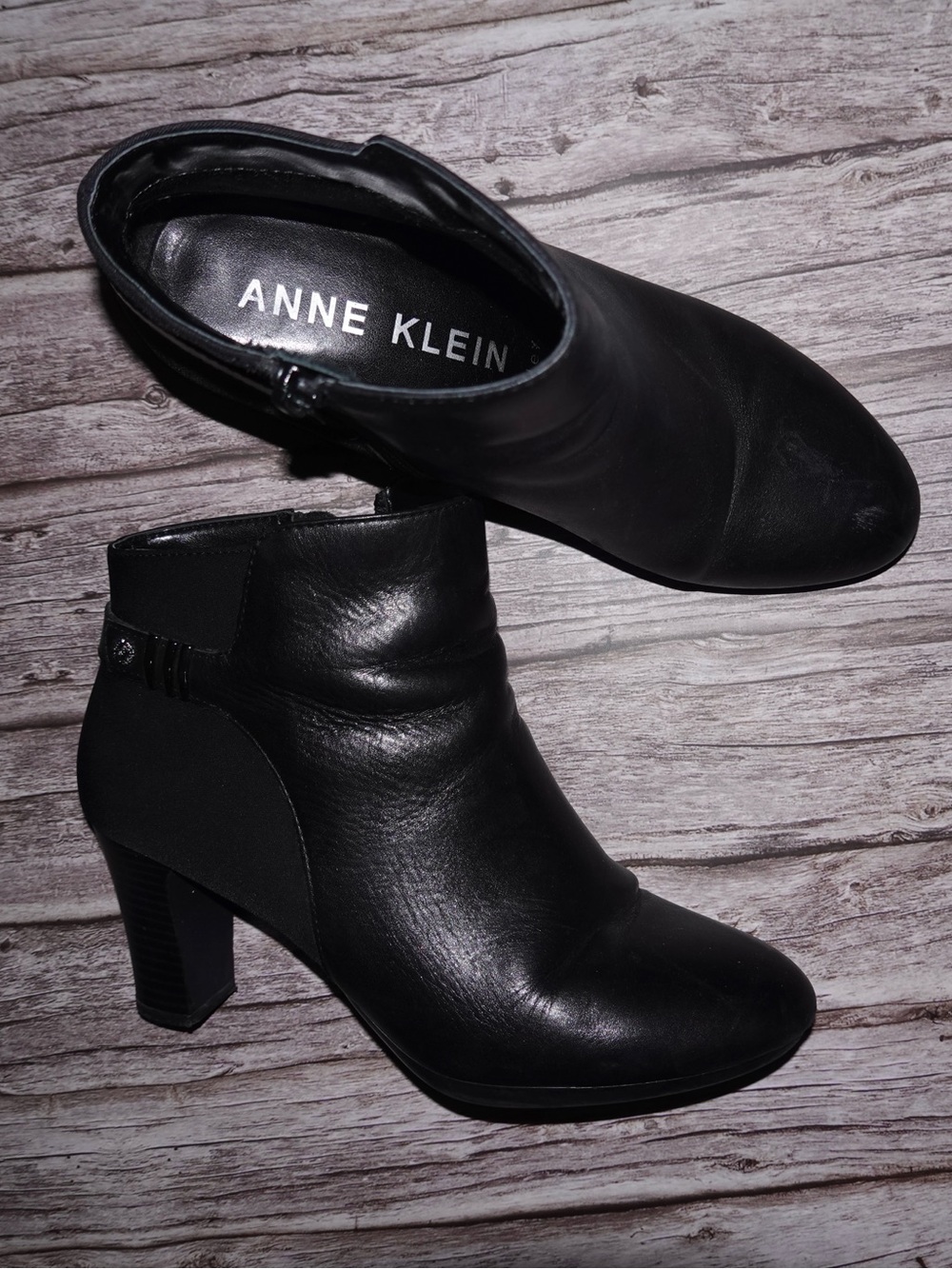 Anne Klein Black Leather Ankle Booties with Block Heel